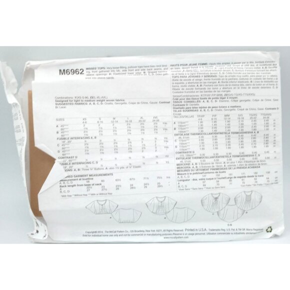 McCalls Pattern M6962 XSm Medium Large Misses Loose Fitting Pullover Top Uncut - Picture 2 of 2